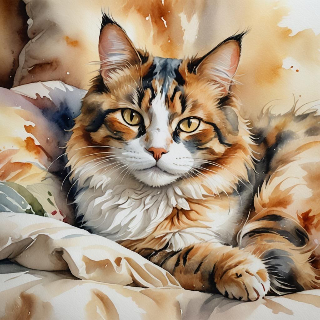 Calico Cat Sleeping: A Watercolor Portrait