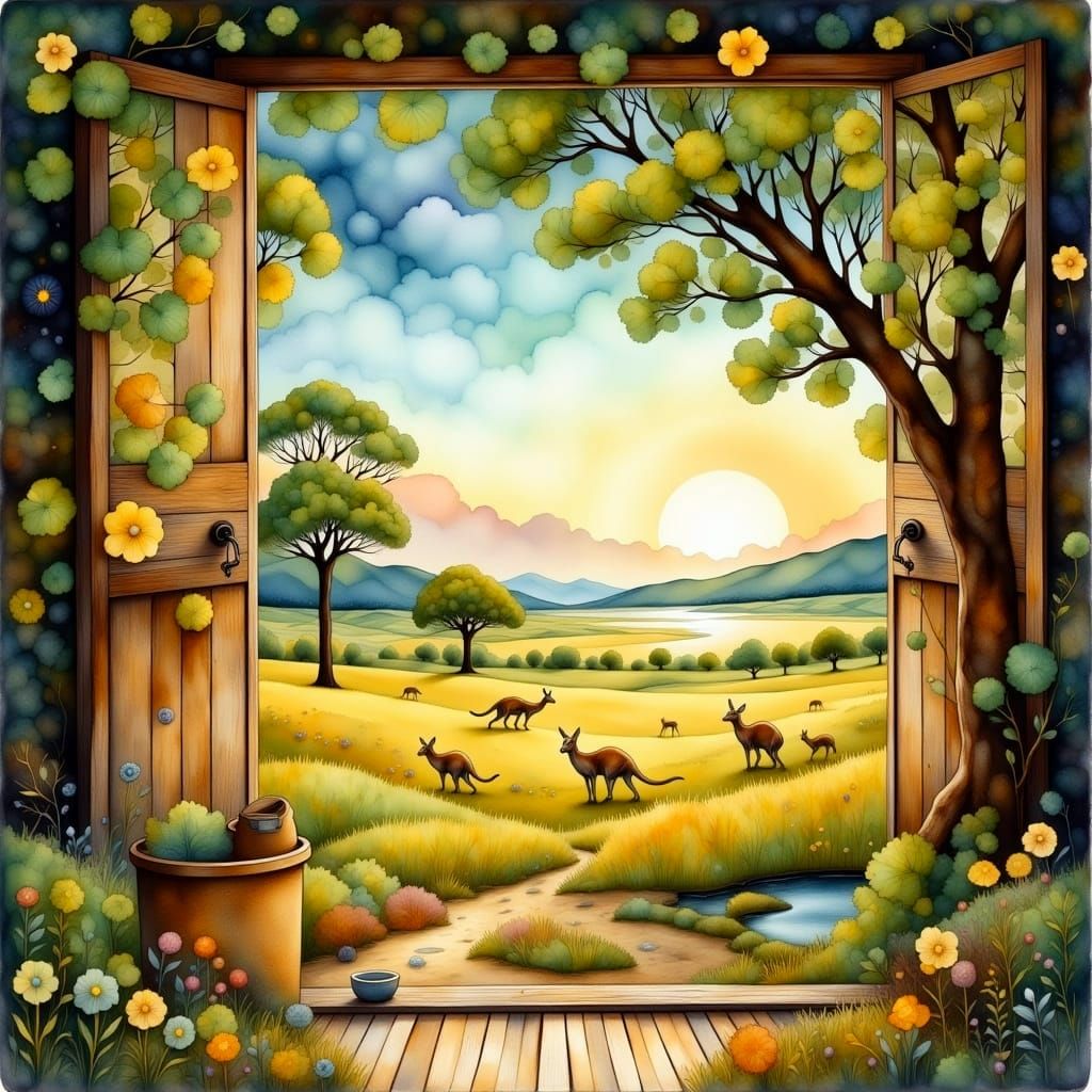 Rustic Australian Landscape with Grazing Kangaroos