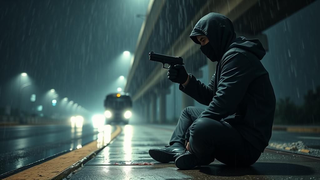 Injured Man with Gun in Rainy Noir Scene