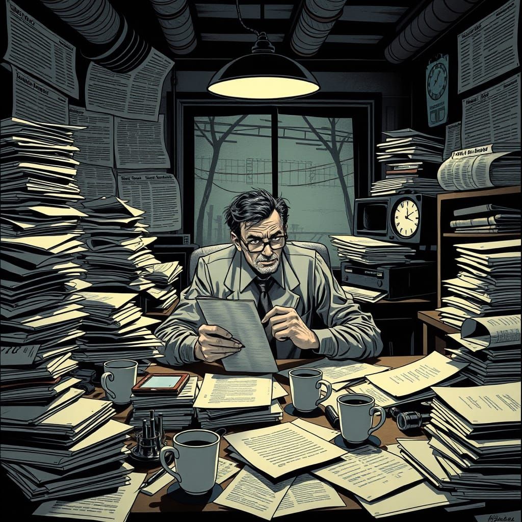 Journalist in Vintage Newsroom, Overwhelmed by Story Clutter