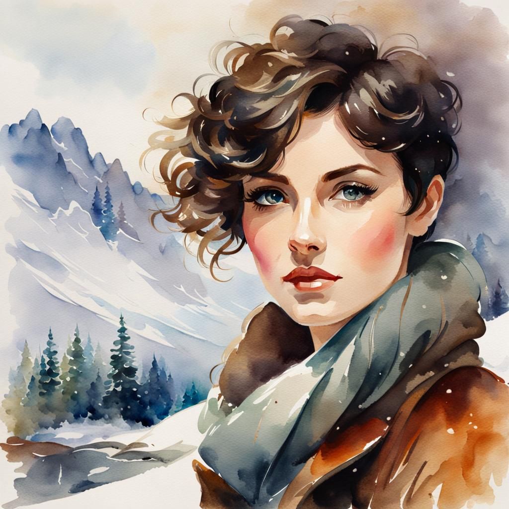 Brunette Pixie in Watercolor Style
