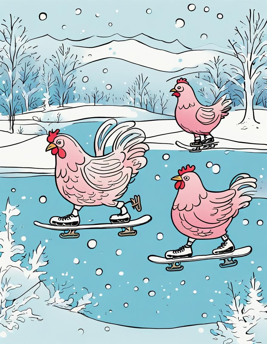 Joyful Chickens Skate on a Whimsical Winter Wonderland