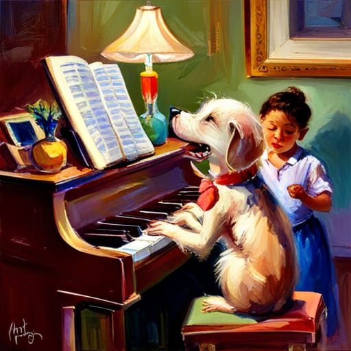Dog Plays Piano: Splash Art Gouache Style