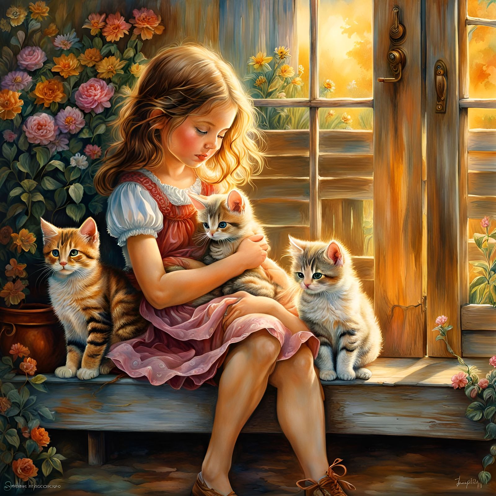 Girl with Kittens on Farmhouse Porch in Watercolor