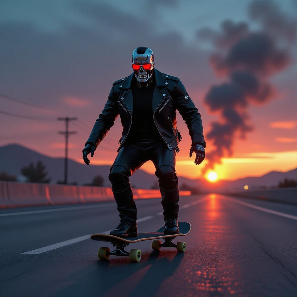 Terminator Skateboarder on Post-Apocalyptic Highway