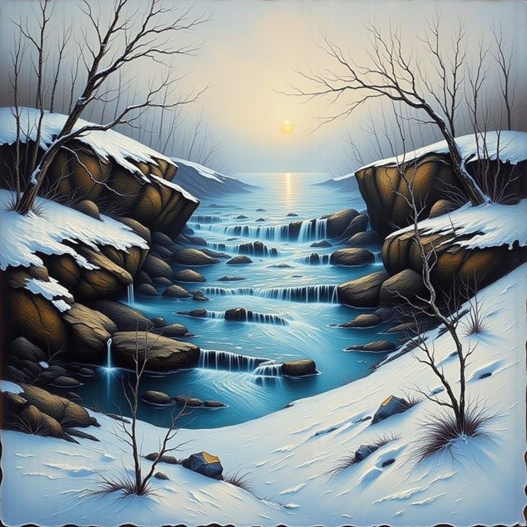 Winter Waterfall in Impasto Style