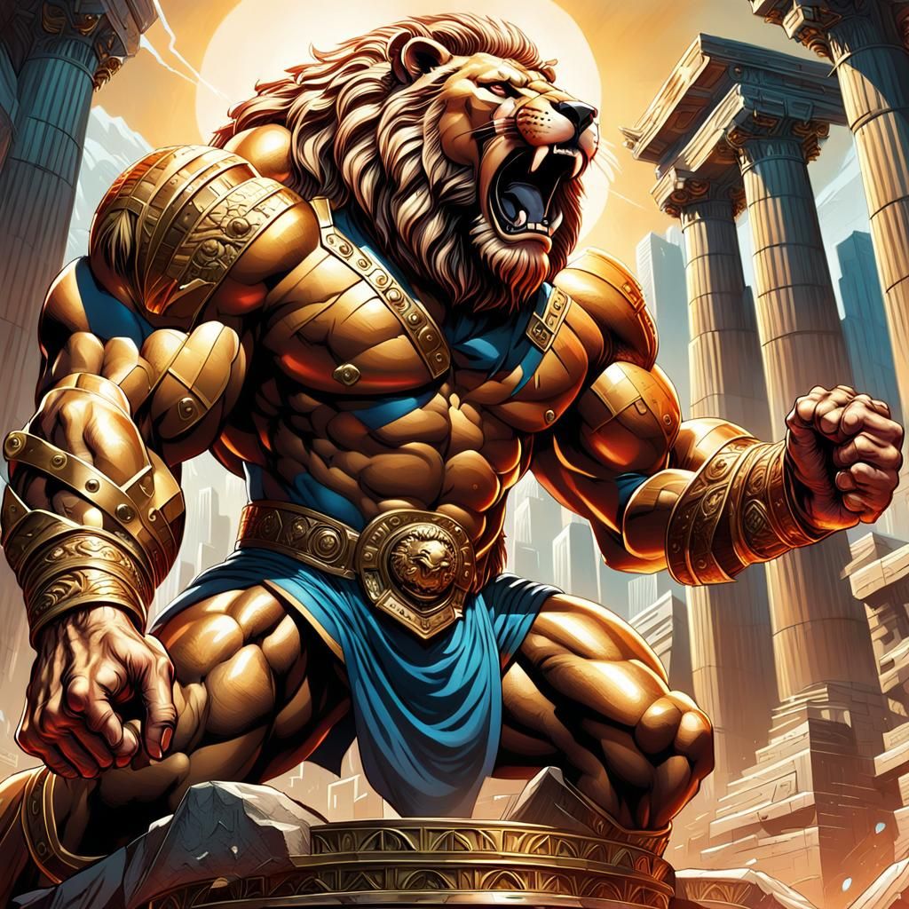 Gladiator Statue Lion Fight in Comic Book Style