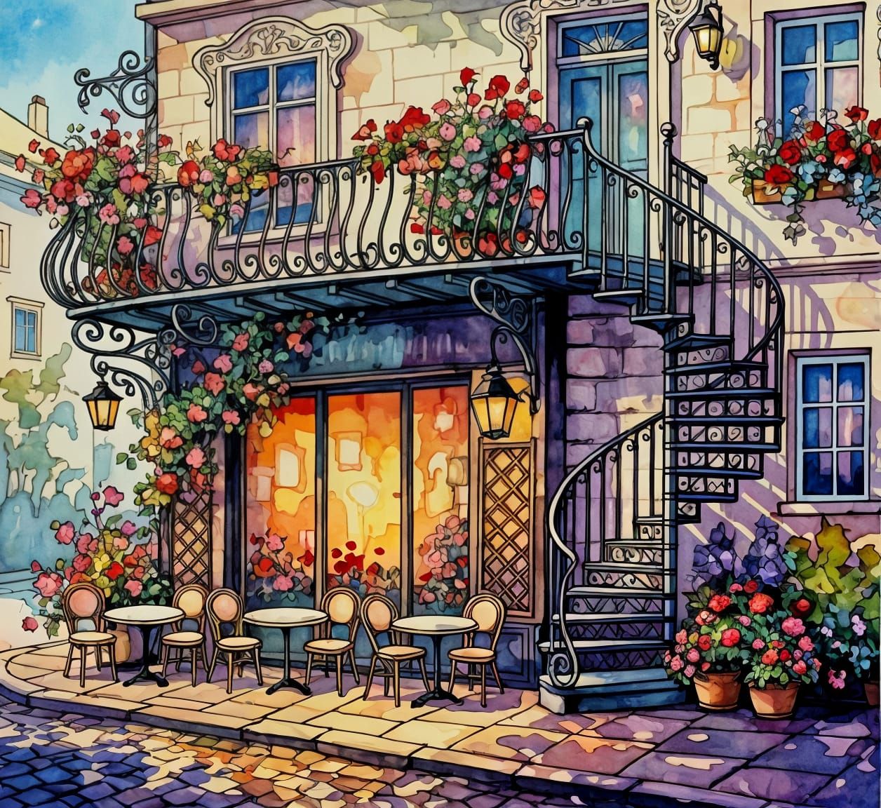 Charming Cafe Watercolor Illustration in Art Nouveau