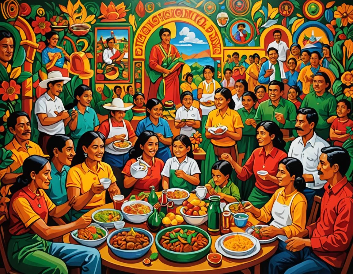 Mexican Muralism Family Scene in Bright Colors
