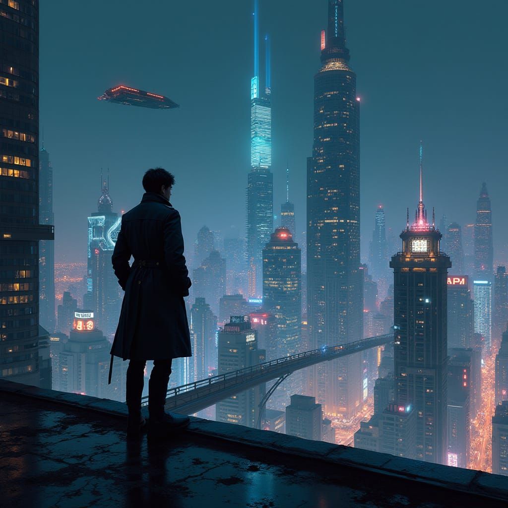 Cyberpunk Cityscape with Lone Figure in Trench Coat