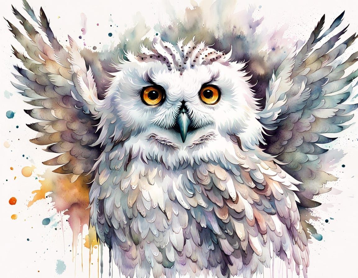 Whimsical Baby Snow Owl in Vibrant Watercolour