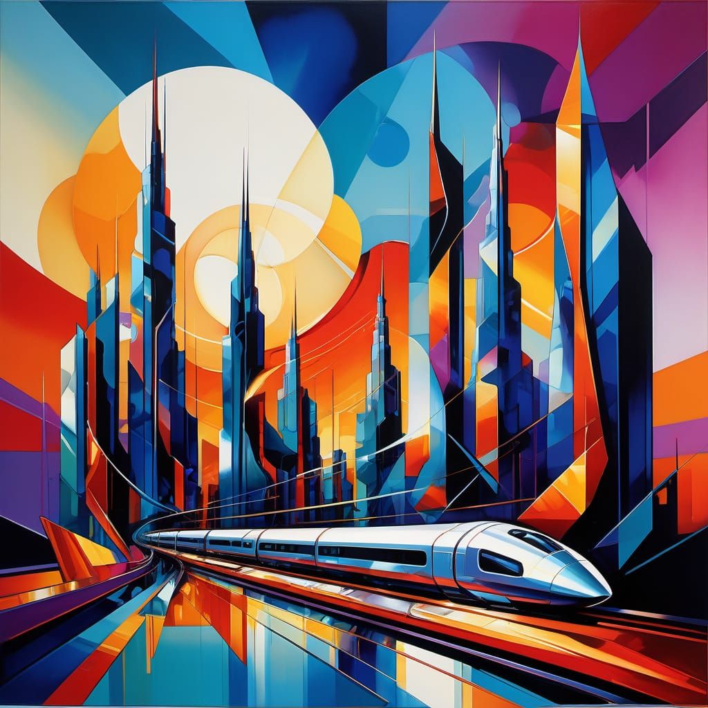 High-speed train in a futuristic city