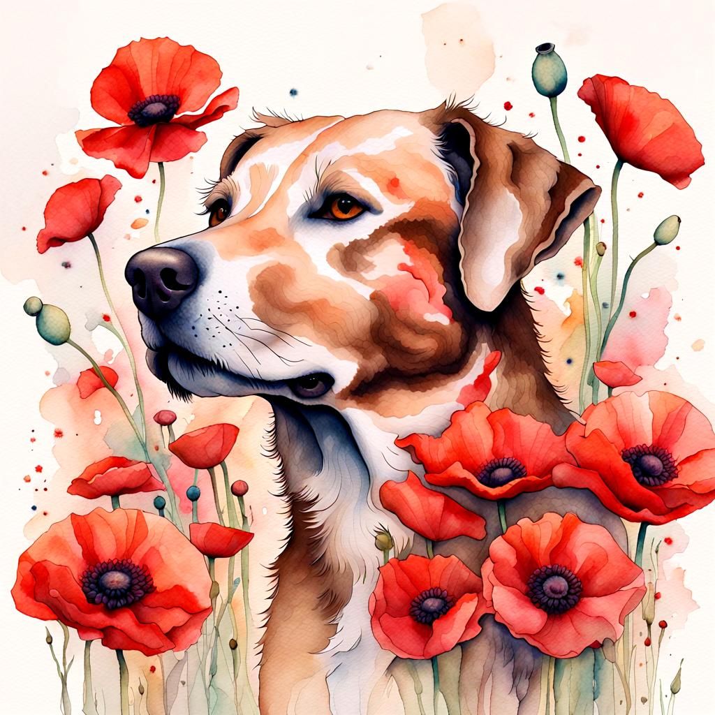 Dreamy Watercolor Portrait of Dog with Poppies