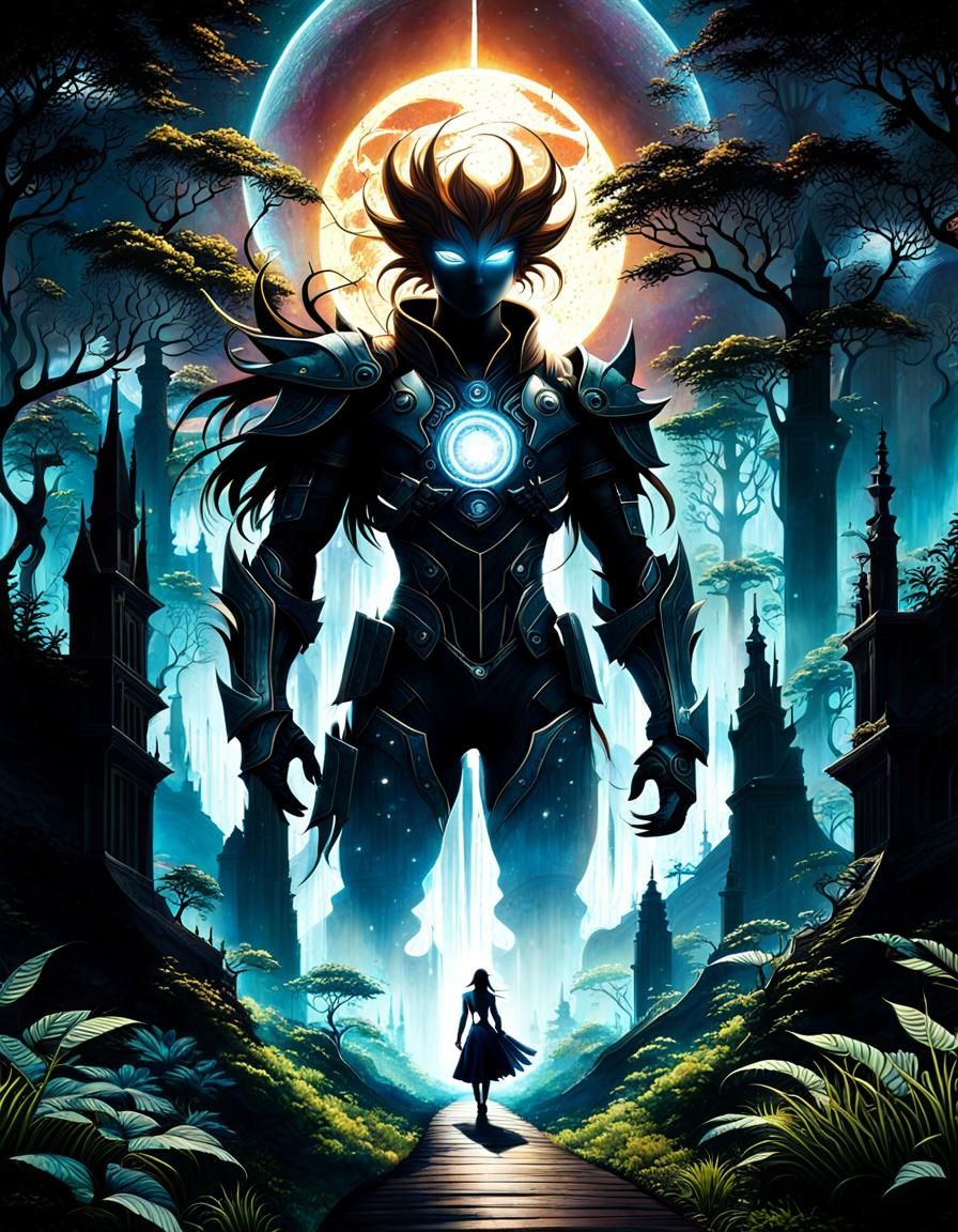 Ethereal Cyberpunk Realm with Celestial Bloom