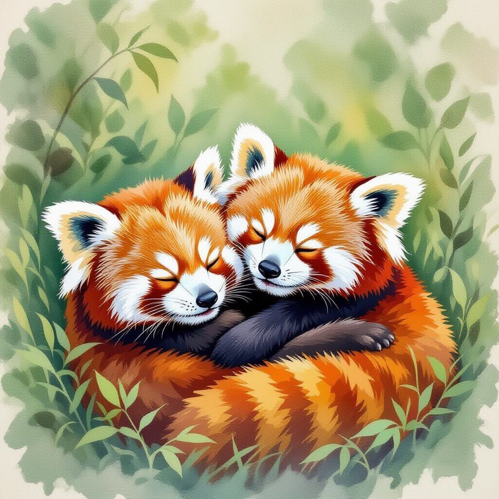 Adorable Red Pandas Sleeping in Verdant Watercolor Style