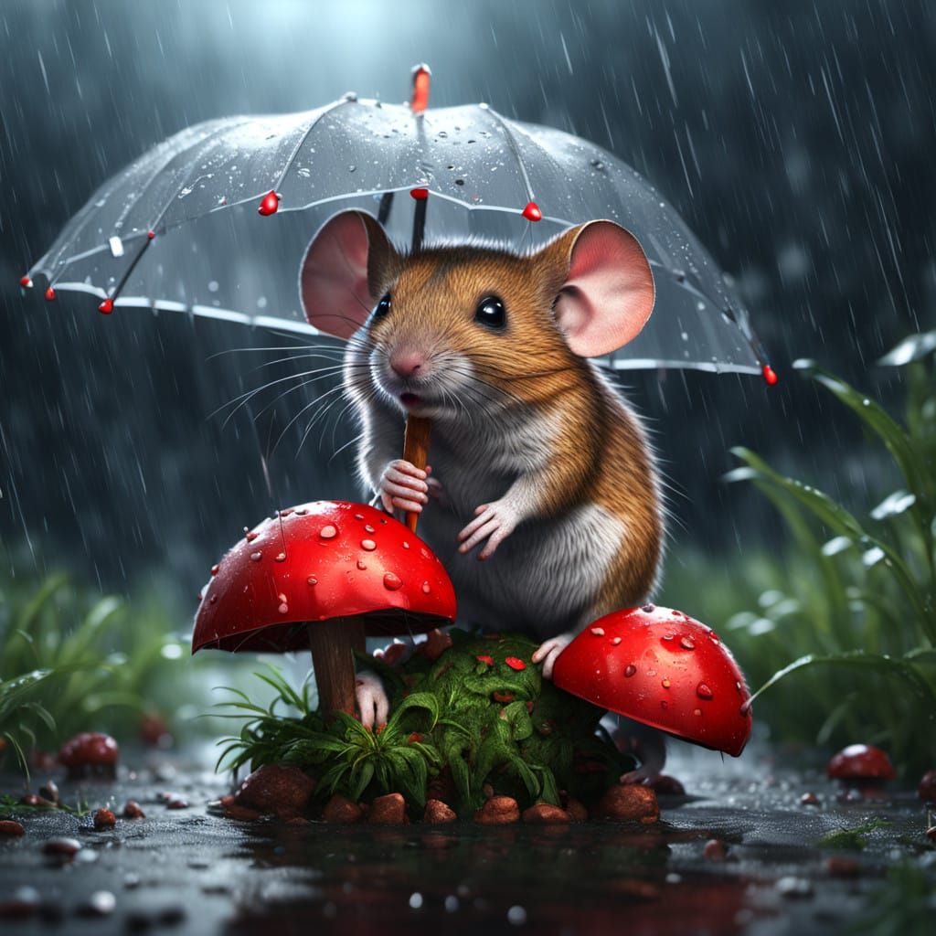 Fantastical Field Mouse Under Red Mushroom Umbrella in Rainy...