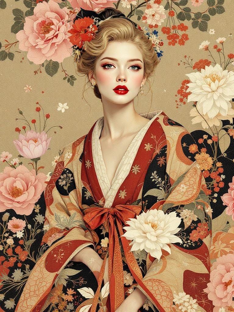 Vintage Pin-Up in Ukiyo-e Style with Chrysanthemums