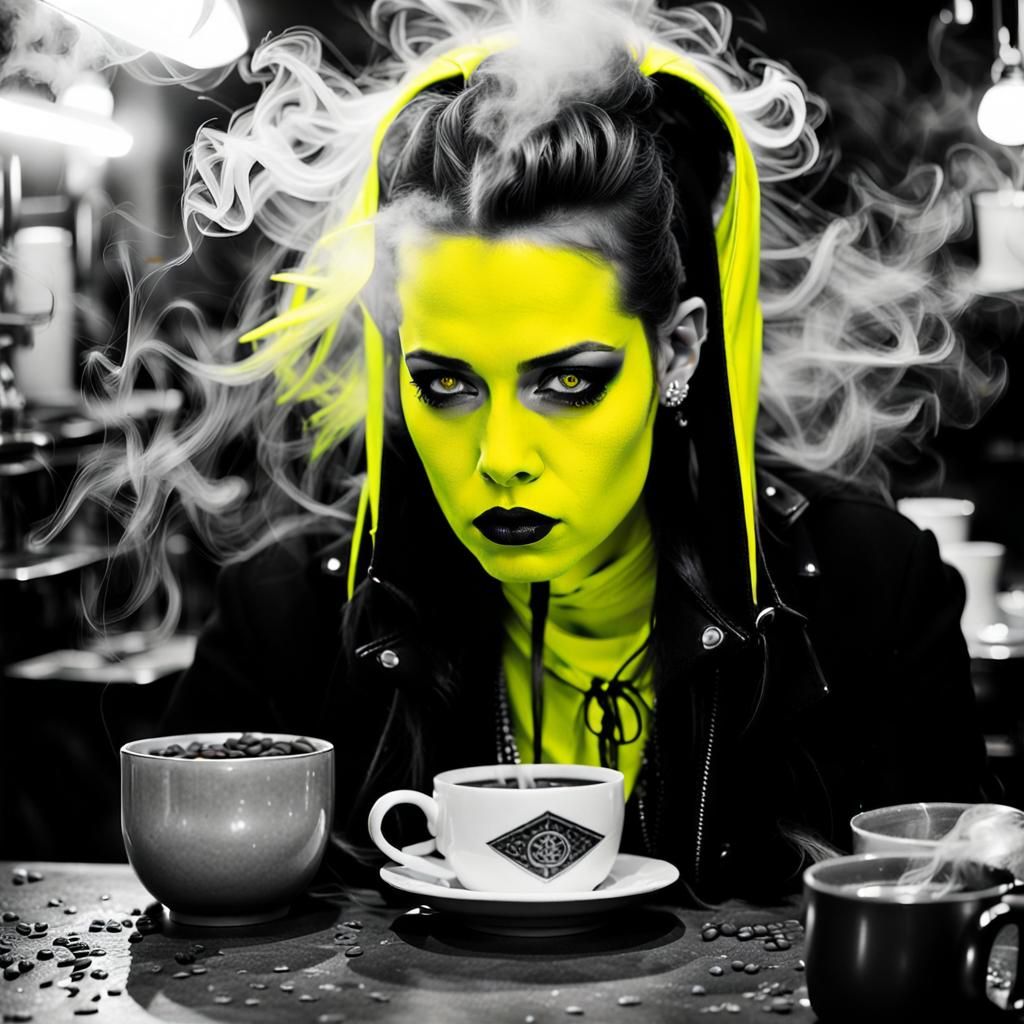Goth Model in Neon Coffee Shop: Black and White Photo