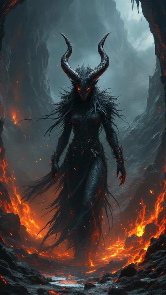 Demonic Chimera Woman in Hell: Hyperrealistic Oil Painting