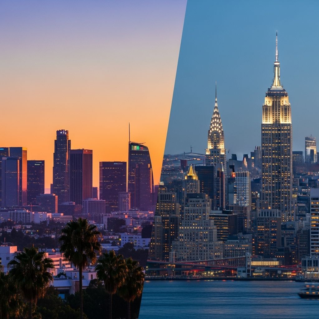 LA & NYC Skylines at Dusk: A Split Cityscape