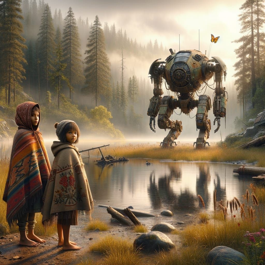 Girls and Robot by Forest Lake in Hyperrealism