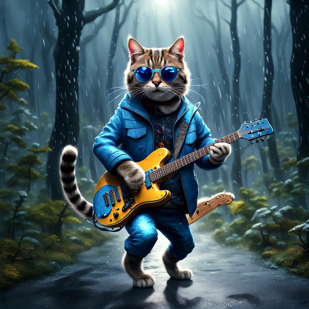 Cat Rocking Guitar in Rainy Forest, Detailed Painting