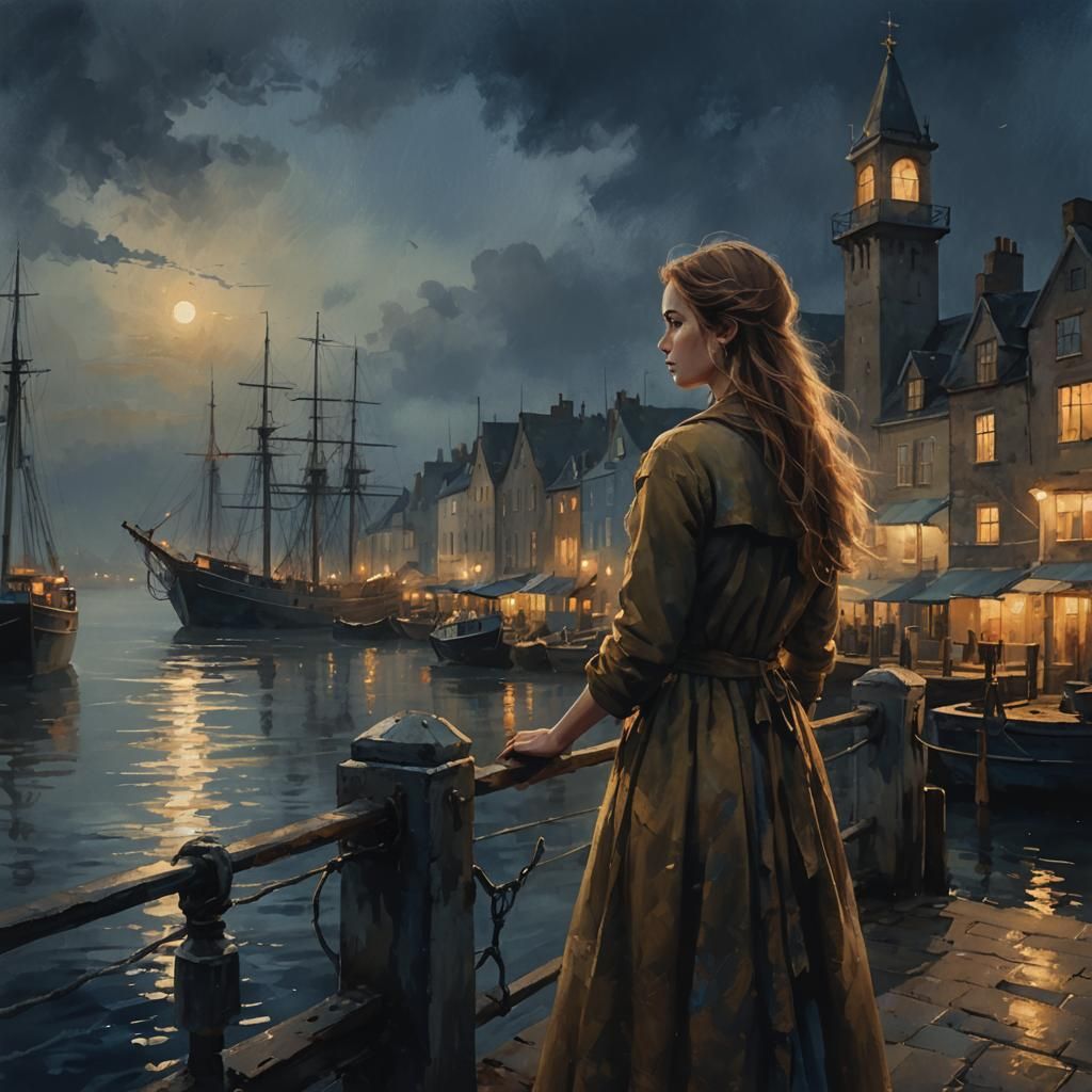 Girl in Harbour at Dusk: Dreamy Impressionistic Painting
