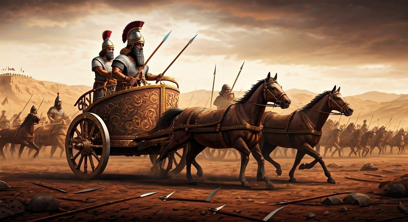 An Assyrian war chariot on a battlefield, with warriors in c...
