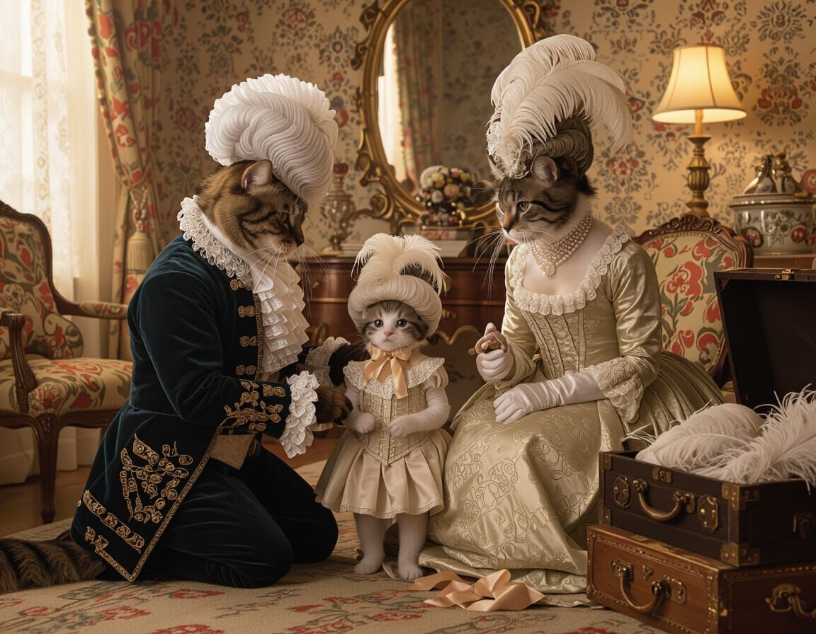 Anthropomorphic Cat Family Prepares for Baroque Ball