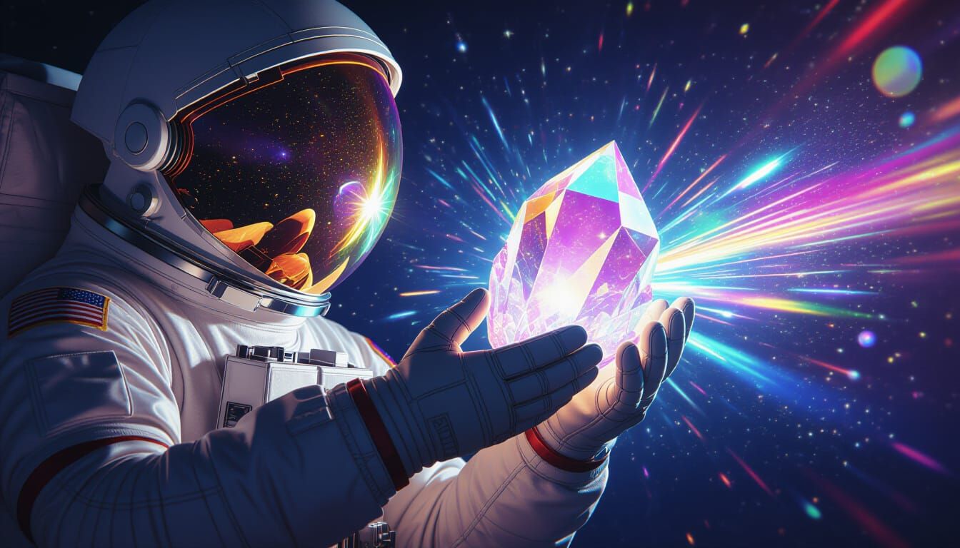 Astronaut's Crystal: Rainbow Reflections in Cinematic Style