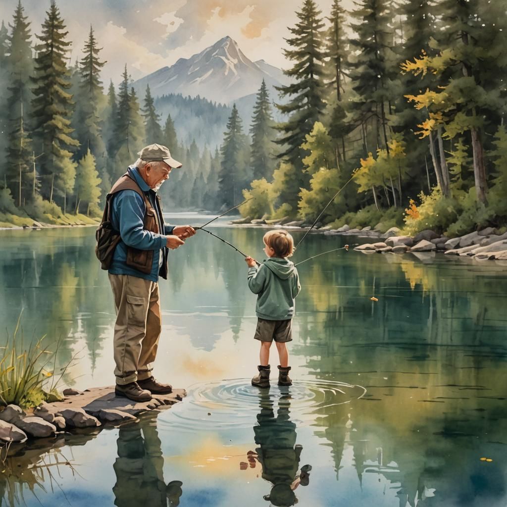 Grandparent and Child Fishing: Watercolor Painting