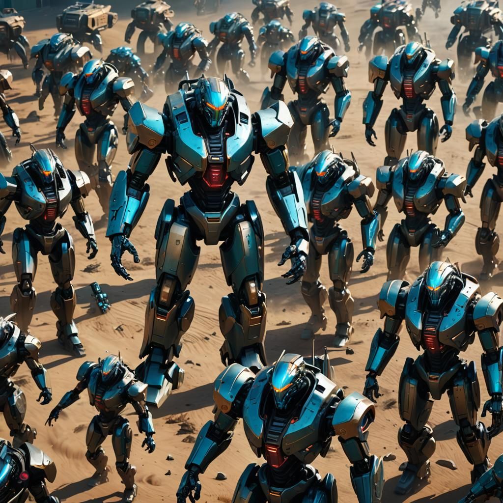 Cyberpunk Robot Army in Battle Formation