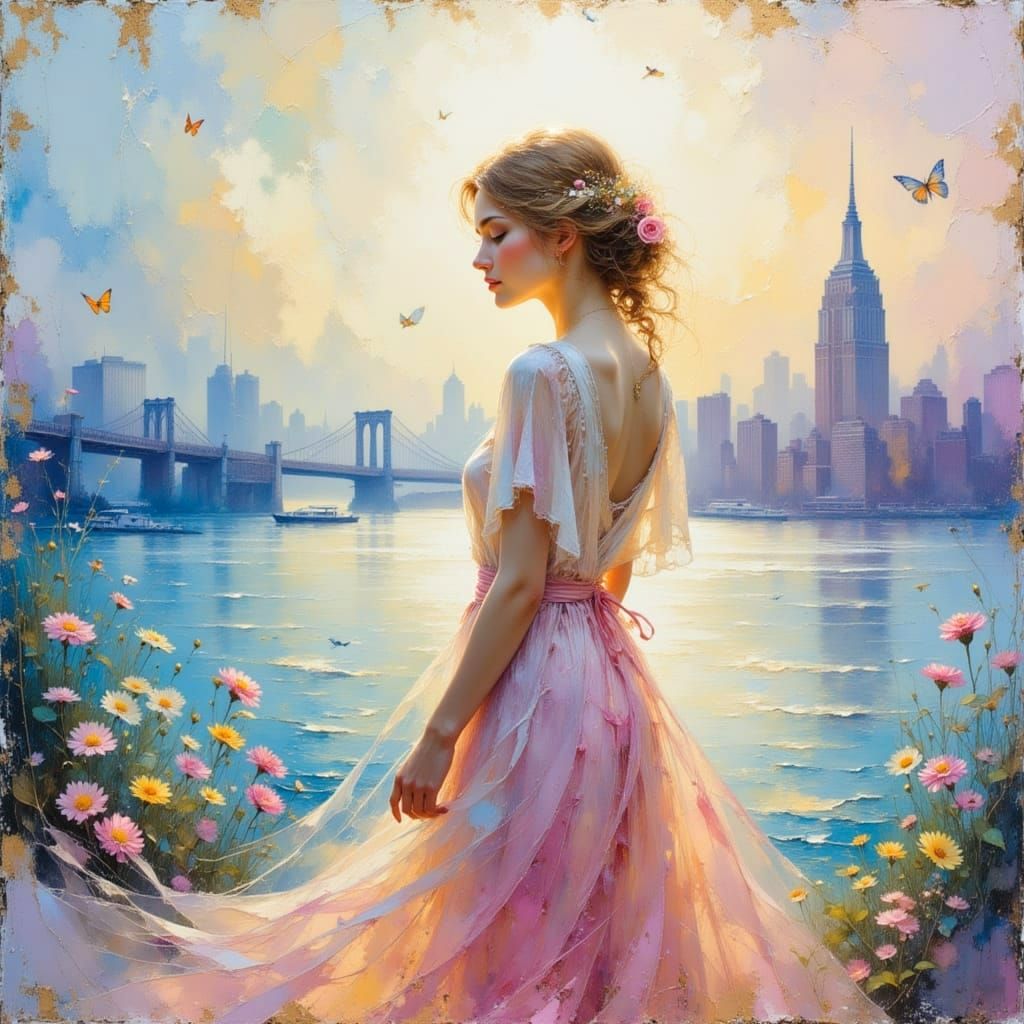 Woman on Hudson River Banks, NYC Background