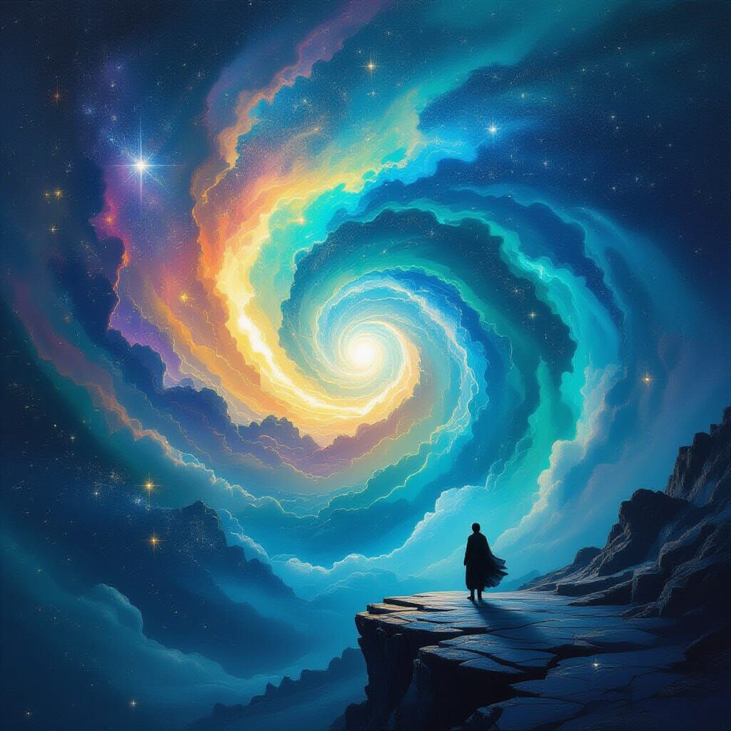 Cosmic Dreamscape: Stardust Vortex with Silhouetted Explorer