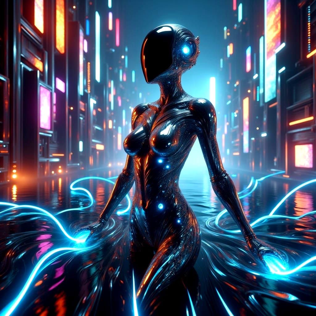 Futuristic Cyborg Portrait with Crystal Ribbons