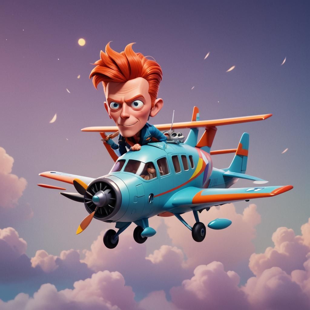 Cartoon Bowie in a Plane: 3D Digital Art