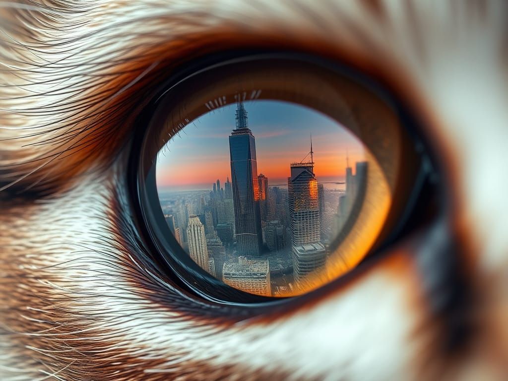 Futuristic City Reflected in a Cat's Eye