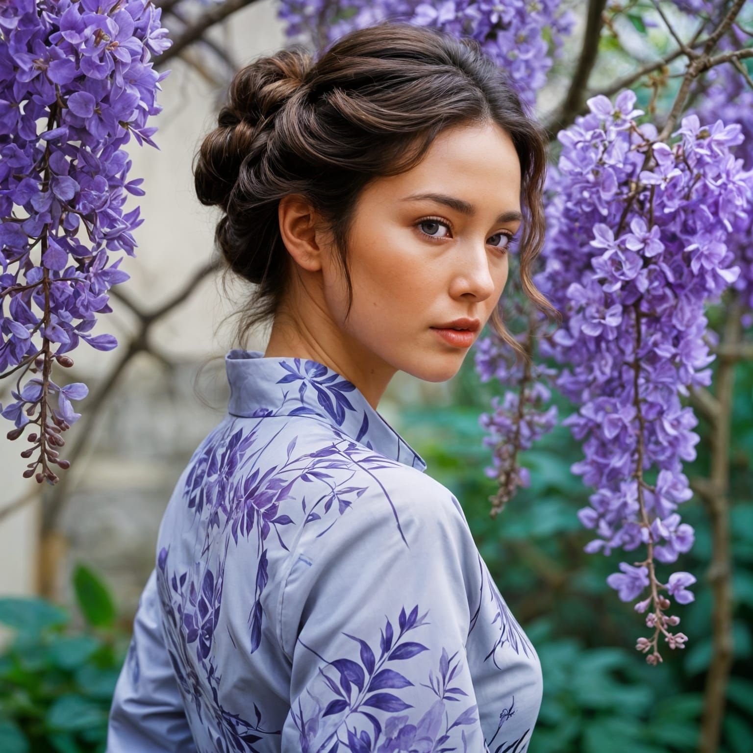 Nude in Wisteria Garden, Expressive Grayscale Art