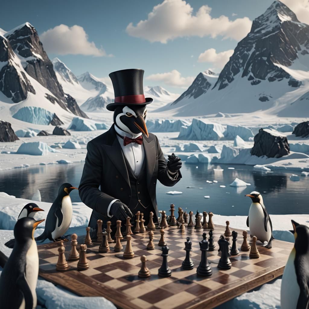 Penguin Gentleman Plays Chess in Antarctica