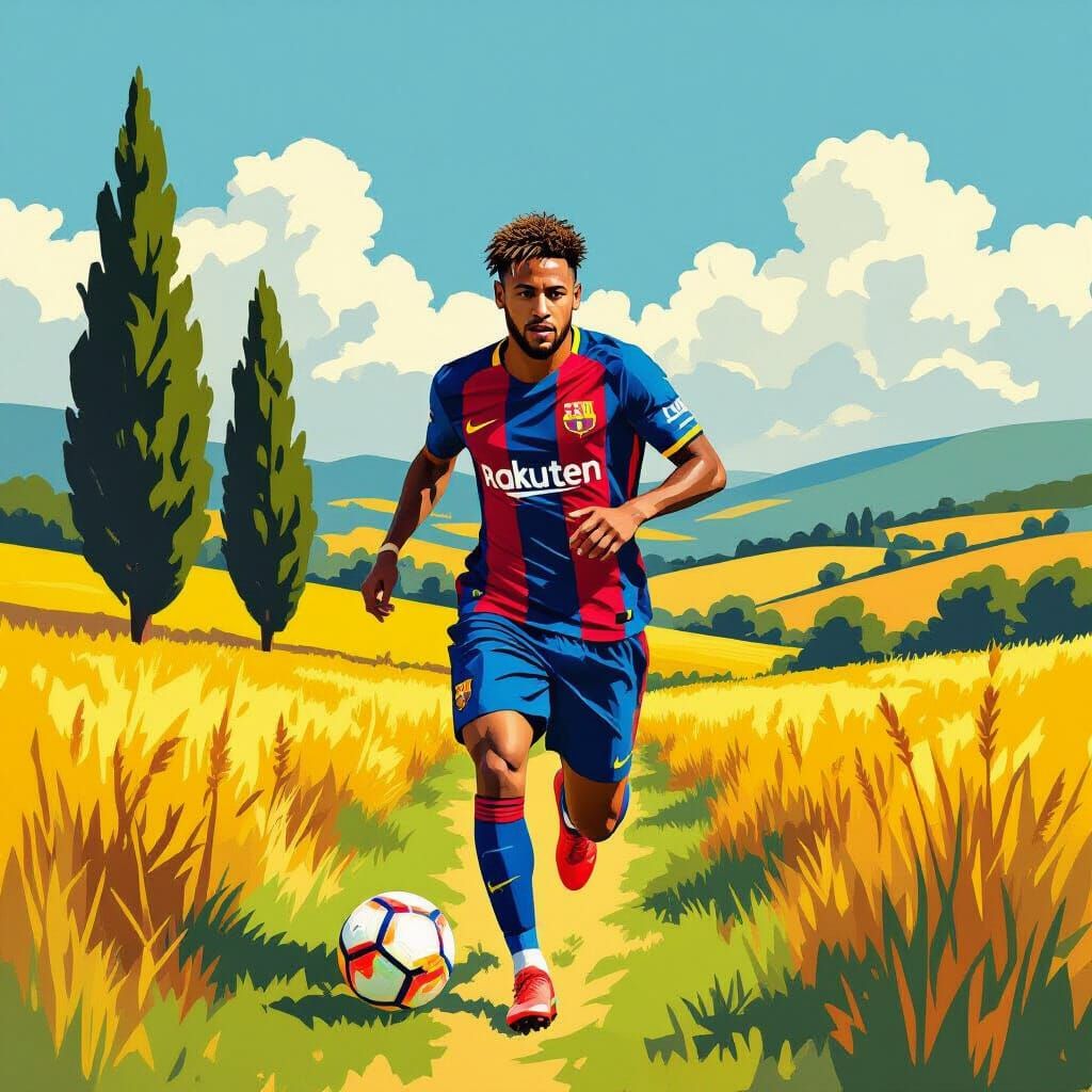 Neymar Plays Soccer in Sunny Rural Field