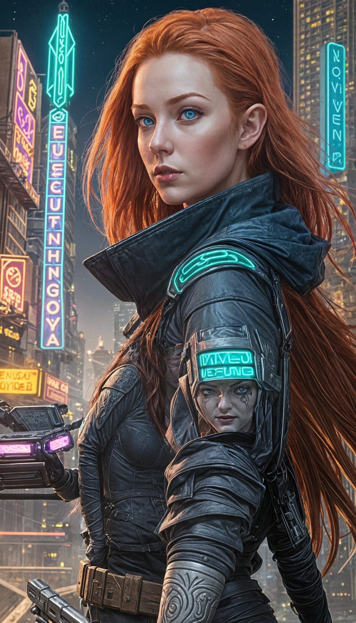 Elven Ranger in Cyberpunk Cityscape