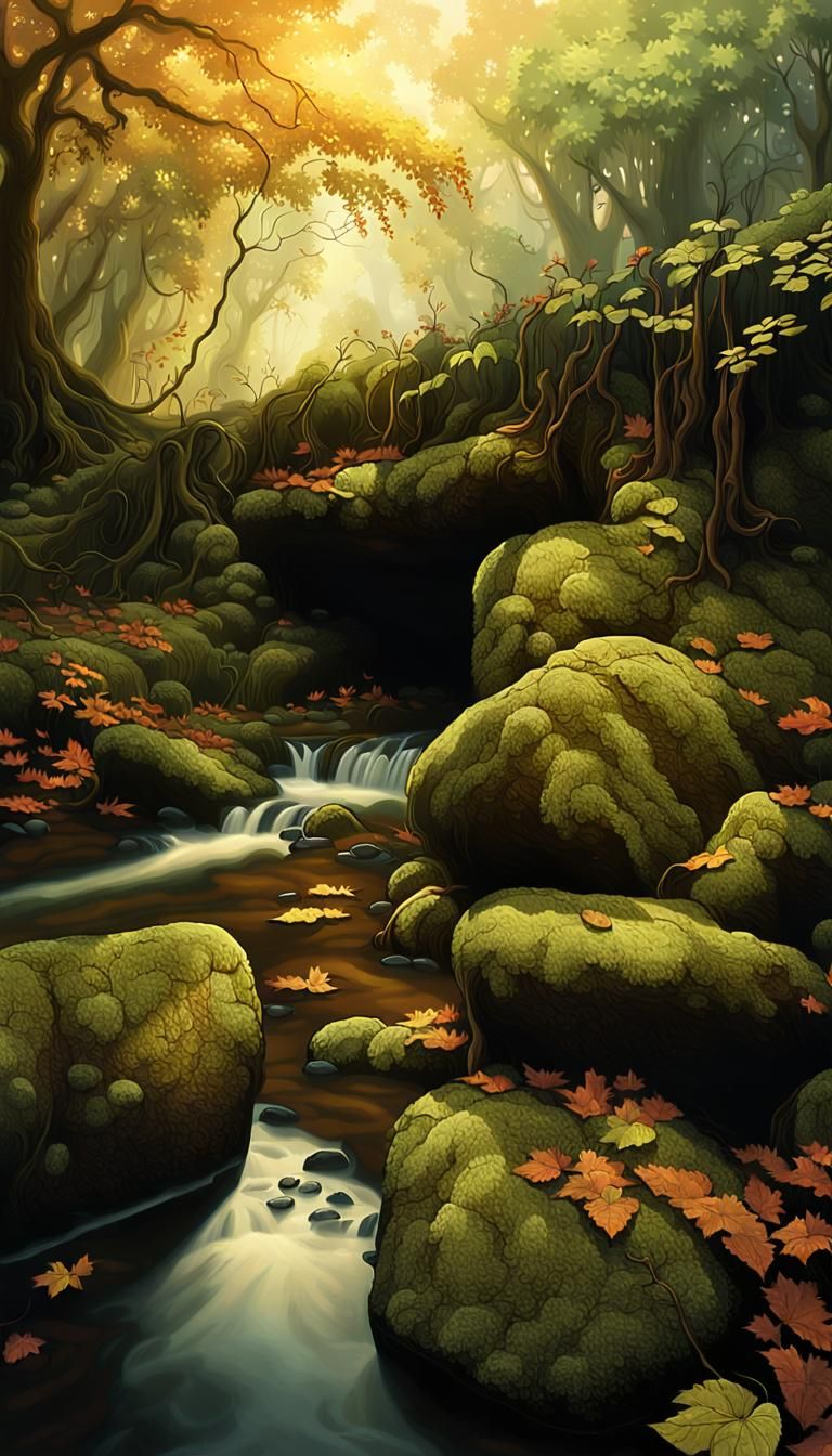 Ancient Wall by Stream in Mystical Realism Style