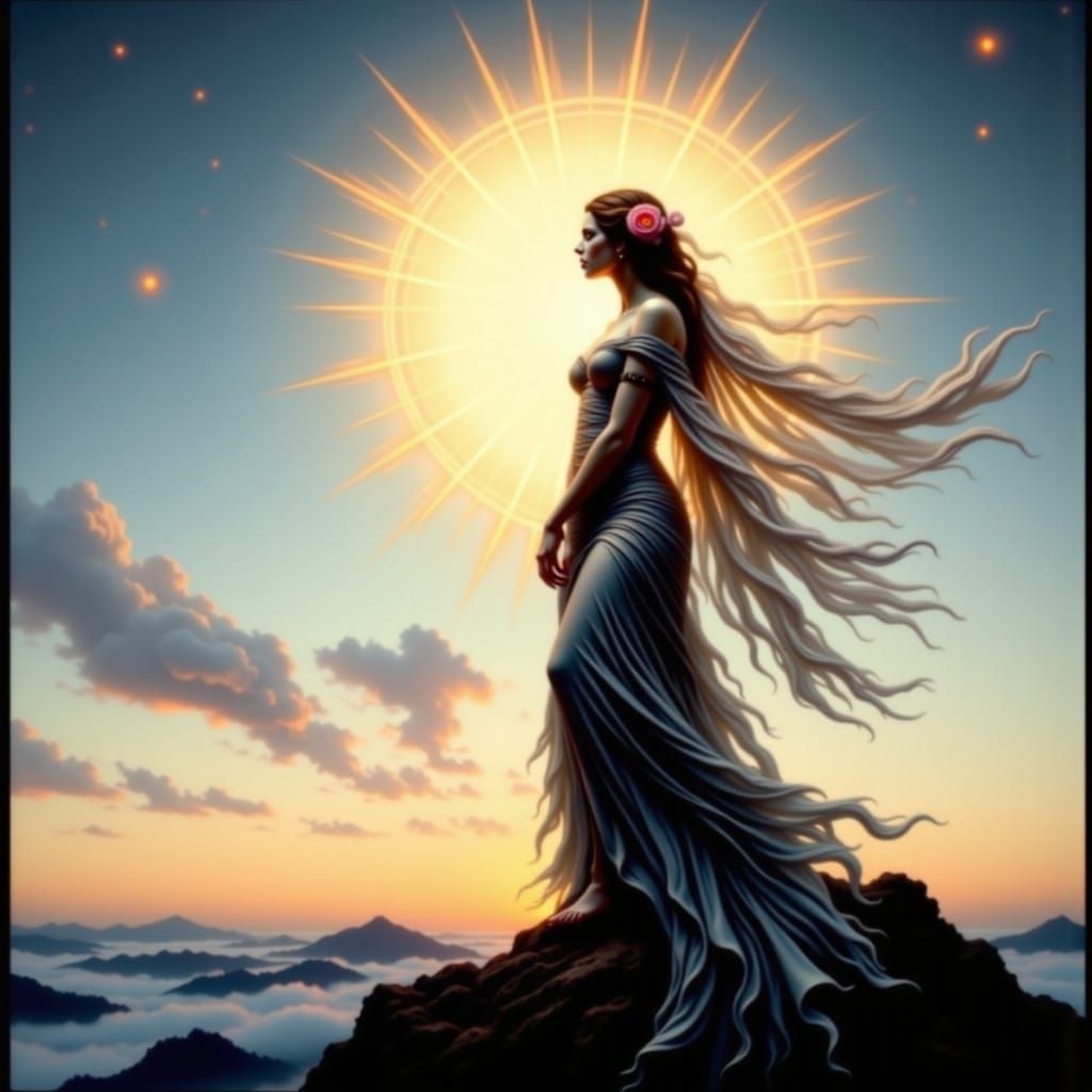 Goddess of Radiant Beauty on a Misty Mountain Peak