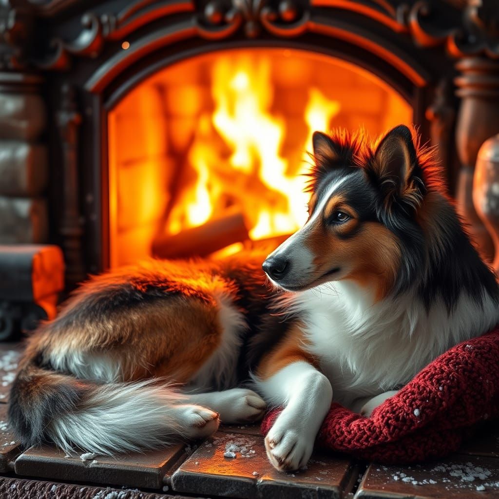 Hyperrealistic Collie Dog by Victorian Fireplace