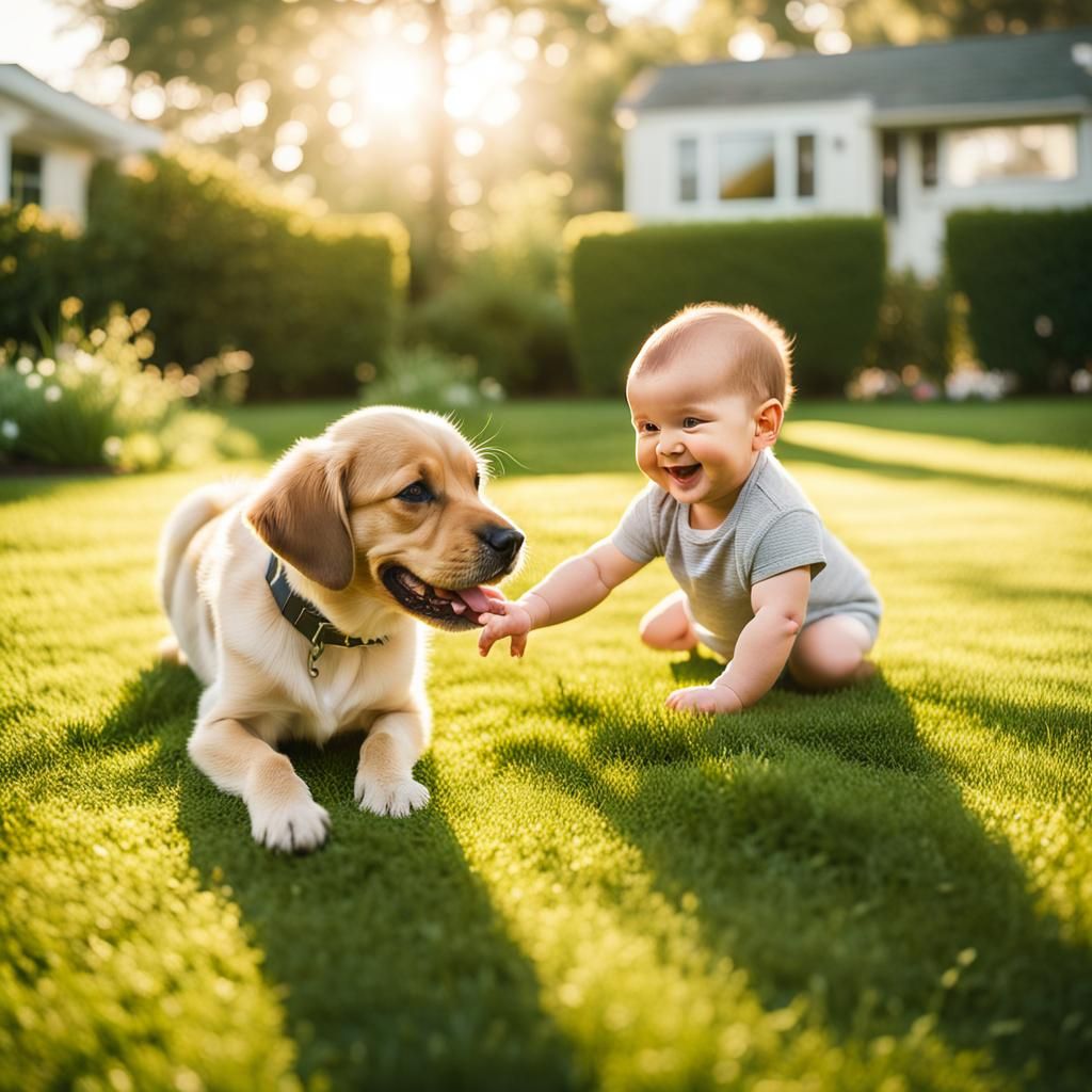 Cozy Morning Moment of a Baby and Puppy in a Lush Green Lawn