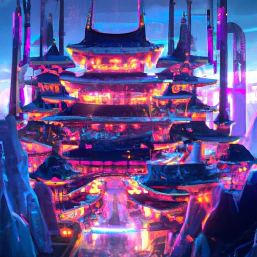 Cyberpunk Castle Fusion: Japanese and Chinese Architecture