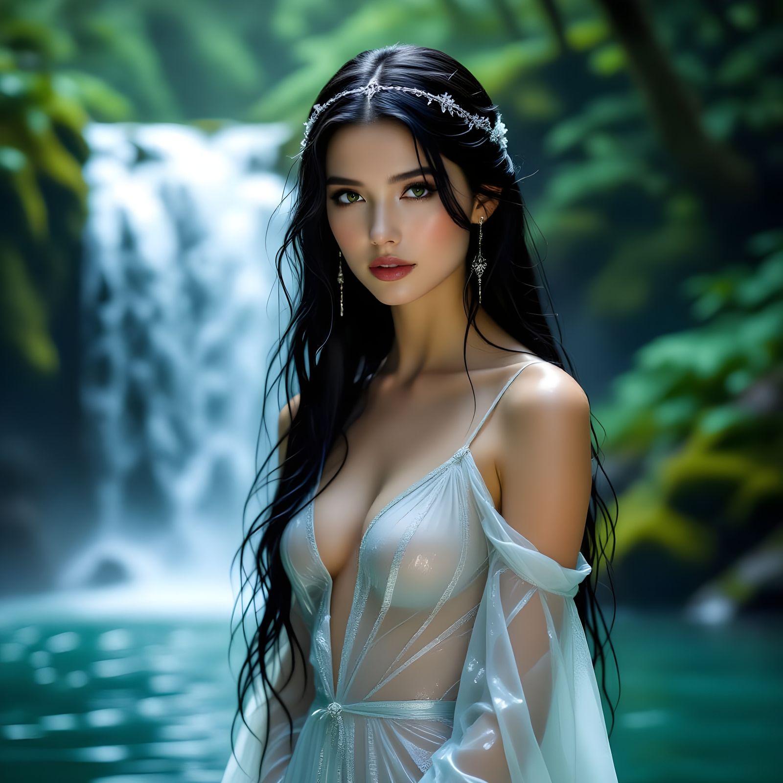 Woman by Waterfall in Flowing Gown