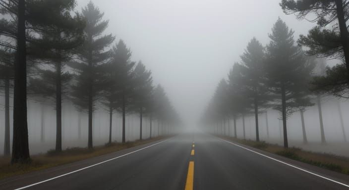 Hyperrealistic Masterpiece of a Foggy Road to Nowhere