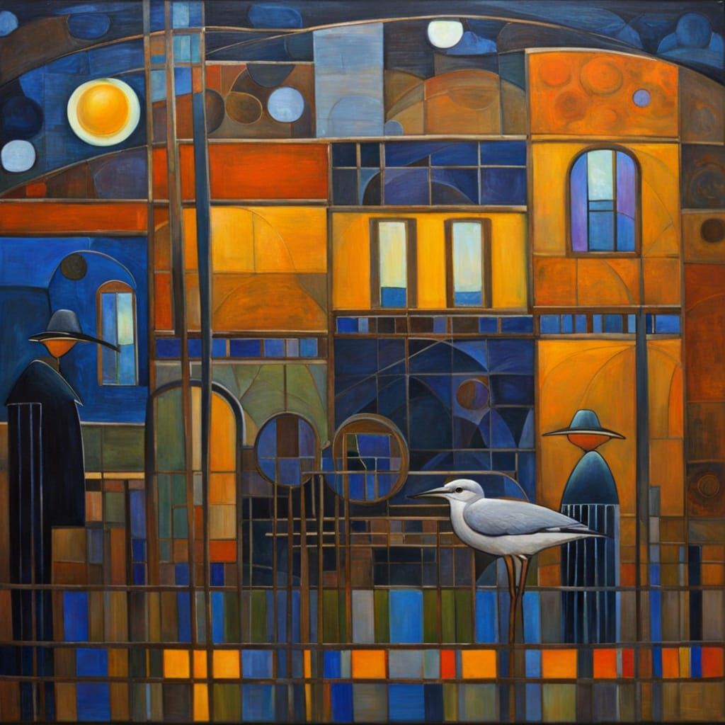 "Nighthawks" in the style of Margaret MacDonald Mackintosh