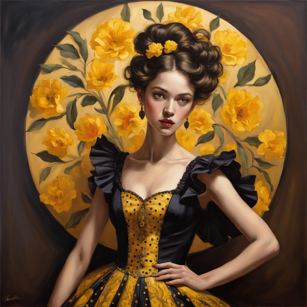 Elegant Woman in Flamenco Dress, Oil on Canvas